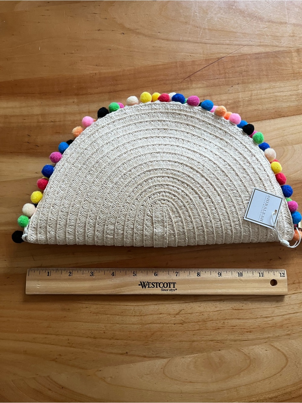 Shiraleah Pom-Pom Straw Half-Moon Clutch - Cream with Multicolor Pom Poms